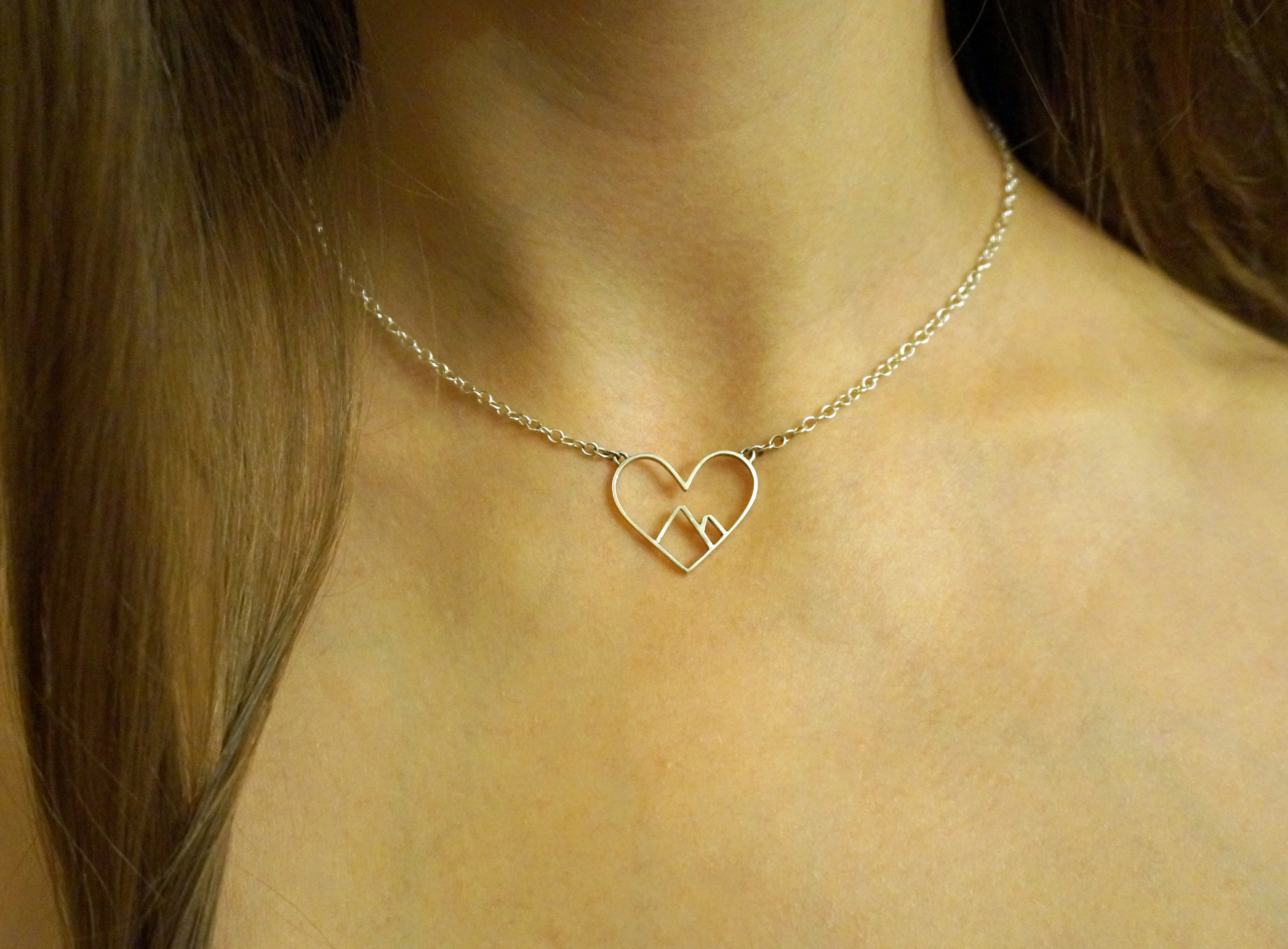Love the Mountains Heart Mountain Necklace. Women's Mountain Gift. Nature adventure necklace. Handmade Sterling silver Mountain Necklace