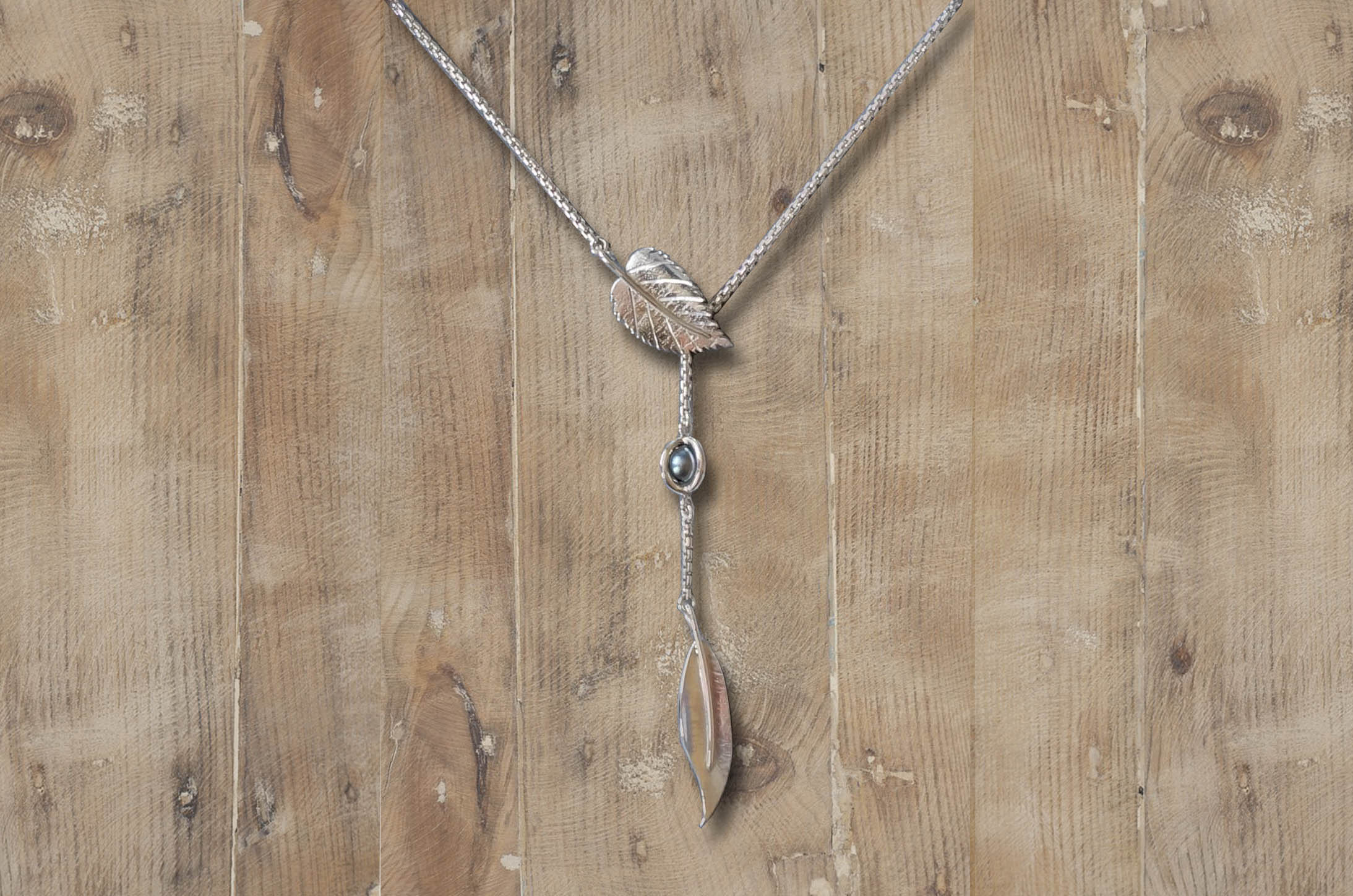 Park Road Jewellery, Bespoke Handmade Sterling Silver Hazel and Willow Leaf Pearl Necklace