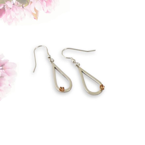 Cherry Blossom Teardrop Petal Earrings Rose Gold, Rose gold flower earrings. Minimalist Jewellery, handcrafted to a high standard. Park Road Jewellery Rose Gold Blossom Dangle drop silver flower earrings park Road Jewellery Sterling Silver Drop earrings