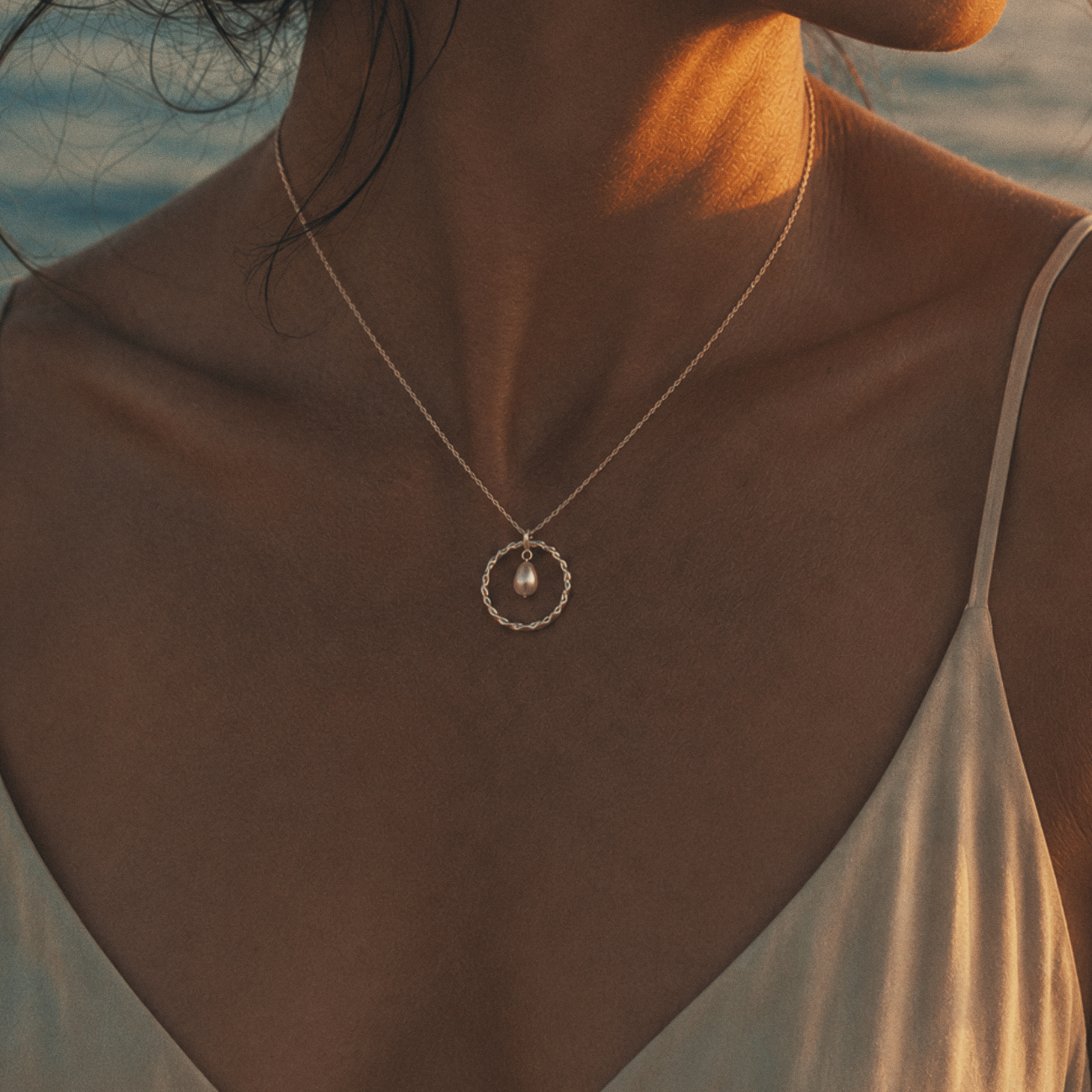Modern Pearl Twisted Silver Circle Pendant. June birthstone pendant gift. Park Road Jewellery