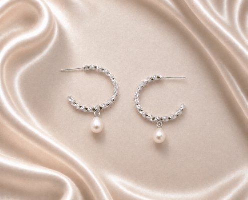 twist pearl earrings_V2 Modern Pearl Twisted Silver Circle earrings. Hoop Earrings. June birthstone pendant gift. Park Road Jewellery